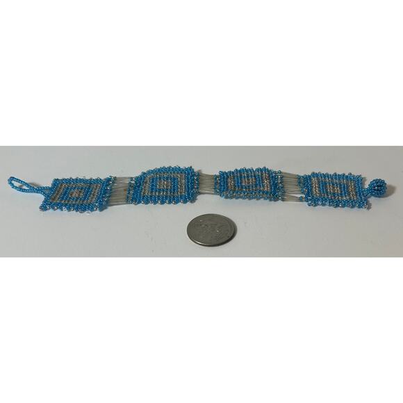 Handmade Blue Silver Seed Bead Woven Bracelet 8.25" Geometric Squares - Picture 5 of 5